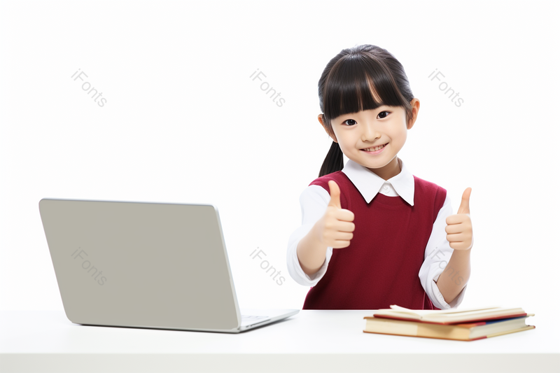 红色马甲的小女孩看平板电脑学习竖着大拇指,高清,摄影图,摄影图片,图片大全,摄影图免费下载